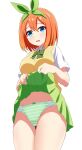  1girl blue_eyes bow bowtie breasts clothes_lift collared_shirt diagonal-striped_bow diagonal-striped_bowtie diagonal-striped_clothes go-toubun_no_hanayome green_bow green_bowtie green_panties green_ribbon green_skirt groin hair_ribbon highres lifting_own_clothes munami nakano_yotsuba orange_hair panties ribbon school_uniform shirt short_sleeves simple_background skirt solo standing striped_clothes striped_panties sweater_vest underwear white_background white_shirt yellow_sweater_vest 