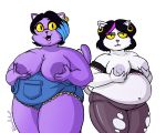  5:4 :3 anthro areola belly big_belly big_breasts black_hair blue_highlights bored bottomwear breasts catti_(deltarune) catty_(undertale) claws clothed clothing deltarune domestic_cat duo ear_piercing ear_ring eyeshadow fangs felid feline felis female front_view fur hair half-closed_eyes highlights_(coloring) holding_breast leggings legwear looking_at_viewer makeup mammal mascara midriff narrowed_eyes navel nipples open_mouth open_smile overalls overweight overweight_female partially_clothed piercing presenting presenting_breasts professordoctorc purple_body purple_fur purple_highlights short_hair sibling sister sisters smile standing thick_thighs tight_bottomwear tight_clothing tight_leggings topwear torn_clothing torn_leggings torn_legwear undertale video_games white_body white_fur yellow_sclera 