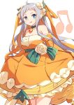  1girl absurdres ahoge bare_shoulders blush breasts choker commentary_request dress duel_monster elbow_gloves flower gloves green_choker green_eyes grey_hair hair_flower hair_ornament highres holding holding_instrument instrument kanzakietc large_breasts lasolfachord_angelia long_hair long_sleeves looking_at_viewer musical_staff open_mouth orange_dress orange_gloves sleeves_past_wrists smile solo staff yu-gi-oh! 