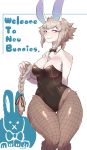  anthro big_breasts bow_tie braided_hair braided_ponytail breasts bunny_costume cleavage clothed clothing costume curvy_figure english_text female fishnet fishnet_legwear fur glistening glistening_clothing glistening_legwear hair hi_res hip_tuft hourglass_figure kemono lagomorph legwear leporid long_hair looking_at_viewer mammal one-piece_swimsuit ponytail purple_eyes rabbit sasamino shirt_collar shoulder_tuft smile solo standing swimwear tan_hair text tight_clothing tuft white_body white_fur wide_hips 