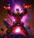  1boy asteroid bodysuit deadpool deadpool_(series) fourth_wall holding marvel marvel_snap mike_krahulik muscular muscular_male official_alternate_costume official_art penny_arcade red_bodysuit red_mask space superhero_costume sword sword_on_back two-tone_bodysuit weapon weapon_on_back x-men 