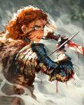  1girl angry armor blood blood_drip blood_in_hair blood_on_clothes blood_on_face blood_on_hands blood_on_weapon blue_eyes curly_hair fighting fog fur_collar highres holding holding_sword holding_weapon looking_at_another narrowed_eyes open_mouth original out_of_frame red_hair sam_yang smoke sword upper_body viking war_paint weapon 