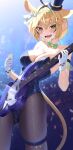  1girl :d absurdres ahoge arm_strap bare_shoulders black_hair black_pantyhose blonde_hair blue_hat blue_leotard bow bowtie breasts cleavage collarbone commentary crossed_bangs detached_collar dooby_(vtuber) double-parted_bangs electric_guitar extra_ears facial_mark fishnet_pantyhose fishnets gloves green_bow green_bowtie green_eyes green_hairband guitar hair_between_eyes hairband hat highres holding holding_guitar holding_instrument holding_plectrum indie_virtual_youtuber instrument large_breasts leotard looking_at_viewer mini_hat mini_top_hat mouse_girl mouse_tail multicolored_hair official_alternate_costume open_mouth pantyhose playboy_bunny plectrum short_hair smile solo strapless strapless_leotard streaked_hair striped_clothes striped_leotard tail thigh_strap tilted_headwear top_hat traditional_bowtie vertical-striped_clothes vertical-striped_leotard virtual_youtuber white_gloves yubbiidraw 