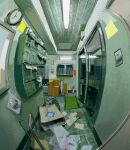  box cabinet cardboard_box ceiling clock fire_extinguisher fisheye fluorescent_lamp glass_door highres indoors mat messy_room no_humans office original paper photoshop_(medium) poster_(object) ramon_nunez scenery shelf sticky_note tile_floor tiles trash_can 