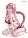  1girl animal_ears animal_print artist_name avene_chan bare_shoulders bikini blush breasts closed_mouth collarbone commentary extra_ears hair_intakes hashtag-only_commentary highres hololive hololive_english kneeling large_breasts leopard_print leopard_print_bikini long_hair multicolored_hair navel panther_ears panther_girl panther_tail pink_bikini pink_hair pink_lips raora_panthera simple_background solo stomach streaked_hair swimsuit tail thighs two-tone_hair virtual_youtuber white_background white_hair yellow_eyes 