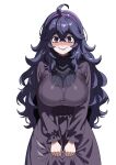  1girl absurdres ahoge breasts closed_mouth commentary cowboy_shot crossed_bangs dress gubee hair_between_eyes hairband hex_maniac_(pokemon) highres large_breasts long_sleeves looking_at_viewer pokemon pokemon_xy purple_dress purple_eyes purple_hair purple_hairband simple_background skirt_hold smile solo straight-on tachi-e wavy_mouth white_background 
