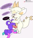 2024 2_horns absurd_res annoyed anthro anus artist_name balls bear bearzel_(chikn_nuggit) bedroom_eyes bezel_(chikn_nuggit) blush blush_lines bow_tie butt chikn_nuggit claws cloudeon digital_media_(artwork) dragon duo english_text fur fwench_fwy_(chikn_nuggit) genitals green_body green_fur hair half-closed_eyes hand_on_face hand_on_head hand_on_own_face hi_res horn looking_at_another lying male male/male mammal multicolored_body multicolored_fur mythological_creature mythological_scalie mythology narrowed_eyes on_front penis penis_on_face pink_body pink_bow_tie pink_eyes pink_fur purple_body purple_ears purple_eyes purple_fur purple_tail question_mark scalie seductive short_tail side_view small_balls smile smug speech_bubble standing tail tan_body tan_claws tan_fur tan_horn text thought_bubble white_body white_ears white_fur white_hair white_nose white_tail