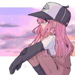  1girl baseball_cap black_gloves commentary_request gloves hat highres humanization inkling_girl inkling_player_character long_hair looking_ahead pink_eyes pink_hair rubber_gloves salmon_run_(splatoon) signature solo splatoon_(series) splatoon_3 squatting yake_zake 