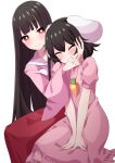  2girls animal_ears bangs between_legs black_hair blunt_bangs blush bright_pupils bunny_ears carrot_necklace closed_eyes commentary_request dress grin hand_between_legs hand_on_another&#039;s_chin hand_on_another&#039;s_head head_tilt highres houraisan_kaguya inaba_tewi leaning_to_the_side long_hair long_sleeves looking_at_viewer multiple_girls pink_dress pink_shirt puffy_short_sleeves puffy_sleeves red_eyes shirt short_sleeves simple_background sitting smile touhou tsukimirin very_long_hair white_background white_pupils 