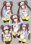  1girl bana_(stand_flower) black_legwear blue_eyes blush breasts brown_hair closed_mouth double_bun hat highres legwear_under_shorts long_hair looking_at_viewer mei_(pokemon) open_mouth pantyhose pokemon pokemon_(game) pokemon_bw2 pokemon_masters raglan_sleeves shirt shorts simple_background smile solo twintails visor_cap 