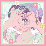  1girl animated animated_gif black_hair blinking bonnet bow charm_(object) commentary green_eyes heart heart_hands heart_hands_over_eye looping_animation nail_polish original parted_lips pink_lips portrait purple_bow see-through_clothes see-through_sleeves solo vivinos 