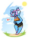  &lt;3 2020 anthro anthrofied biped blue_body blue_skin bottomwear breasts clothed clothing digital_media_(artwork) ditto_(pok&eacute;mon) female glamor glimglam goo_creature hair hi_res humanoid nintendo not_furry open_mouth pok&eacute;mon pok&eacute;mon_(species) pok&eacute;morph ponytail shirt shorts solo standing topwear video_games 