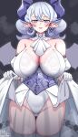  1girl absurdres bare_shoulders blush breasts breath cleavage clothes_lift cowboy_shot demon_girl demon_horns demon_wings dress dress_lift drill_hair duel_monster earrings grey_background grey_eyes grey_hair highres horns huge_breasts jewelry lovely_labrynth_of_the_silver_castle majinmallow pointy_ears simple_background solo strapless strapless_dress transparent_wings twin_drills white_dress white_wings wings yu-gi-oh! 