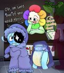  absurd_res astro_(dandy&#039;s_world) blush bodily_fluids dandy&#039;s_world dandy_(dandy&#039;s_world) dialogue diaper diaper_under_clothing embarrassed hi_res humiliation moonflower_ship public public_humiliation simplerat sprout_(dandy&#039;s_world) 