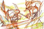  beam_saber color_trace colored_pencil_(medium) commentary_request duel efreet_nacht face-to-face g-line gundam gundam_battlefield_record_uc_0081 highres kumichou_(ef65-1118-ef81-95) mecha no_humans sketch sword traditional_media upper_body weapon 