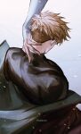  2boys absurdres black_shirt blonde_hair brothers from_behind hand_on_another&#039;s_neck highres light_particles male_focus millions_knives multiple_boys shirt siblings solo trigun trigun_stampede turtleneck turtleneck_shirt twitter_username undercut vash_the_stampede yakikesen 