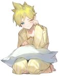  1boy aqua_eyes blonde_hair closed_mouth full_body half-closed_eyes hands_up holding holding_pillow kagamine_len looking_at_viewer male_focus naoko_(naonocoto) one_eye_closed pajamas pants pillow plaid_pajamas rubbing_eyes seiza short_ponytail sitting sleepy spiked_hair vocaloid white_background yellow_pajamas 