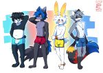 abs adhesive_bandage annoyed anthro axy_(axy_usagi) axy_usagi bear bracelet bulge canid canine canis christian_(axy_usagi) clothed clothing collar drake_(axy_usagi) ear_piercing embarrassed facial_markings fur giant_panda group hair hand_on_hip head_markings hi_res jean_(axy_usagi) jewelry lagomorph leporid male male/male mammal markings mask_(marking) multicolored_body multicolored_fur navel necklace piercing procyonid rabbit rabbit_ears raccoon scut_tail short_tail simple_background slightly_chubby spiked_collar spikes standing tail underwear underwear_only watermark wolf