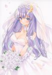  1girl alternate_costume blush bouquet bow breasts bridal_veil choker cleavage commentary crescent crescent_hair_ornament dress falling_petals flower hair_bow hair_ornament hashtag-only_commentary highres holding holding_bouquet large_breasts long_hair looking_at_viewer patchouli_knowledge petals purple_eyes purple_hair purple_petals rose solo strapless strapless_dress touhou veil very_long_hair watermark wedding_dress white_bow white_choker white_dress white_flower white_rose white_veil yuiki_(cube) 