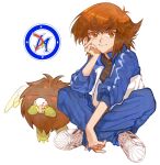  angel_wings baseball black_shirt blush brown_eyes brown_hair duel_monster gym_uniform hand_on_own_face highres male_focus shirt shoes smile sneakers spi_77 winged_kuriboh wings yu-gi-oh! yu-gi-oh!_gx yuki_judai 