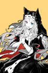  1girl archetto_(arknights) archetto_(glory_of_the_devout)_(arknights) arknights blue_eyes chinese_commentary commentary_request dress fingernails headscarf heterochromia highres interlocked_fingers long_hair looking_at_viewer official_alternate_costume open_mouth own_hands_clasped own_hands_together partial_commentary partially_colored piaoliu_ping_ping_ping_pingzi red_eyes simple_background smile solo yellow_background 