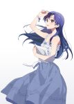  1girl absurdres arm_up bare_shoulders blue_hair blush breasts brown_eyes dress highres holding holding_paper idolmaster idolmaster_(classic) idolmaster_million_live! idolmaster_million_live!_theater_days kisaragi_chihaya long_hair looking_at_viewer nozawa_noko open_mouth paper pure_onepiece_(idolmaster) sheet_music simple_background sleeveless sleeveless_dress small_breasts smile solo standing white_background white_dress 