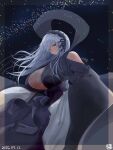  1girl alternate_breast_size alternate_costume black_hairband black_kimono breasts cleavage closed_mouth clothing_cutout commentary_request cowboy_shot dated frilled_hairband frills grey_hair hairband highres huge_breasts itini-sanshi japanese_clothes kimono lolita_hairband long_hair looking_at_viewer red_eyes rozen_maiden shoulder_cutout skirt sky solo star_(sky) starry_sky suigintou tanabata white_skirt 