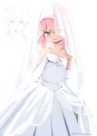  1boy absurdres artist_name bare_shoulders blue_eyes bridal_veil closed_mouth collarbone commentary crossdressing crossdressing_(mtf) doodle_inset dress elbow_gloves feet_out_of_frame floral_print gloves hand_up highres long_dress looking_at_viewer male_focus motimoti_mgmg ocean_prince pink_hair puyopuyo puyopuyo_fever_2 salde_canarl_shellbrick_iii see-through_clothes see-through_veil short_hair simple_background smile solo sparkling_eyes standing strapless strapless_dress trap twitter_username veil wedding_dress white_background white_dress white_gloves 