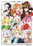  6+girls absurdres animal_ears ascot black_hair blonde_hair blue_hair blue_shirt bow capelet carrot_(one_piece) crossed_arms crown earrings followers_favorite_challenge frieren green_hair hair_bow hat highres jewelry looking_at_viewer megumin mini_crown multiple_drawing_challenge multiple_girls nami_(one_piece) nico_robin one_eye_closed one_piece orange_hair pink_hair pointy_ears ponytail rabbit_ears rabbit_girl red_bow red_capelet sabo_(one_piece) shirt sousou_no_frieren twintails u_mi031 upper_body white_ascot white_hqir 