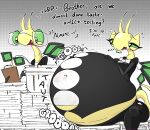 2025 anthro belly big_belly black_clothing blahblah866 caeser_(blahblah866) clothing dialogue digital_media_(artwork) duo english_text female generation_3_pokemon green_sclera hi_res huge_belly hyper hyper_belly male mayfly_(blahblah866) nintendo overweight plate pokemon pokemon_(species) sitting sound_effects stuffing text vibrava yellow_body