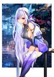  1girl against_railing alternate_costume bare_shoulders black_sweater blush border breasts closed_mouth commentary_request genshin_impact hair_intakes hair_ornament highres jacket large_breasts long_hair long_sleeves looking_at_viewer off_shoulder open_clothes open_jacket outside_border puffy_long_sleeves puffy_sleeves purple_jacket purple_thighhighs railing red_eyes royboy sideboob skirk_(genshin_impact) sleeveless sleeveless_sweater sleeveless_turtleneck sleeveless_turtleneck_sweater smile solo sweater thighhighs thighs turtleneck white_border white_hair 