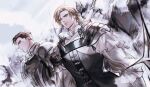  2boys absurdres armor blonde_hair brown_hair chainmail closed_mouth dion_lesage earrings final_fantasy final_fantasy_xvi highres jewelry looking_ahead male_focus multiple_boys short_hair sideburns terrence_(ff16) twitter_username upper_body yakikesen 