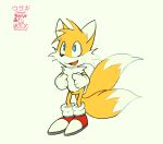  2_tails anthro axy_usagi bangs blue_eyes canid canine cheek_tuft clothing facial_tuft footwear fox gloves handwear male mammal miles_prower multi_tail sega shoes simple_background solo sonic_the_hedgehog_(series) standing tail tuft watermark white_background 