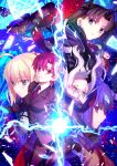  5girls ahoge armor artoria_pendragon_(fate) bazett_fraga_mcremitz black_gloves black_hair black_hat black_ribbon black_shirt black_shoes black_thighhighs blonde_hair blue_eyes blue_sleeves breastplate brown_vest bun_with_braided_base buttons caren_hortensia collar collared_shirt earrings fate/hollow_ataraxia fate_(series) floating full_body gloves green_eyes grey_sleeves hair_between_eyes hair_ribbon hat highres homurabara_academy_school_uniform jewelry lace_trim layered_sleeves leg_up long_hair looking_at_viewer matou_sakura mole mole_under_eye multiple_girls neck_ribbon necktie official_art pants pantyhose parted_bangs parted_lips pink_eyes pink_hair pink_necktie print_ribbon puffy_sleeves purple_eyes purple_hair red_ribbon ribbon saber_(fate) school_uniform serious shirt shoes short_hair shroud_of_magdalene sidelocks suit takeuchi_takashi teeth thighhighs thighhighs_over_pantyhose third-party_source tohsaka_rin two_side_up upper_body upside-down vest wavy_hair white_collar white_hair white_shirt yellow_eyes 