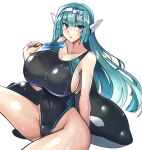  1girl android aqua_hair black_one-piece_swimsuit blue_eyes blunt_bangs breasts cleavage competition_swimsuit covered_navel food generic_ooban_yaki green_hair hairband headgear highleg highres huge_breasts inflatable_toy large_breasts long_hair looking_at_viewer one-piece_swimsuit orca original popsicle robot_ears simple_background sitting solo swimsuit variant_set white_background y-0_(generic_ooban_yaki) 