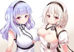 2girls :o anchor_choker apron azur_lane bangs black_hairband black_ribbon breast_press breasts center_frills choker cleavage collarbone commentary_request dido_(azur_lane) dress ennishi eyebrows_visible_through_hair frilled_choker frilled_shirt frills gradient gradient_background hair_between_eyes hairband lace-trimmed_hairband large_breasts long_hair looking_at_viewer maid maid_apron maid_dress maid_headdress multiple_girls partial_commentary puffy_short_sleeves puffy_sleeves purple_eyes red_eyes ribbon shirt short_hair short_sleeves sidelocks silver_hair sirius_(azur_lane) sleeveless sleeveless_shirt smile symmetrical_docking underboob underboob_cutout underbust upper_body waist_apron white_apron white_background white_dress white_hair 