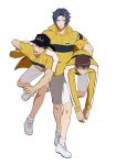  3boys absurdres baseball_cap black_hair black_hat blue_hair brown_hair closed_eyes closed_mouth full_body hat headband highres igusaharu jacket male_focus multiple_boys open_mouth parted_bangs sanada_gen&#039;ichirou shirt shoes short_hair short_sleeves shorts sneakers socks sweatdrop tennis_no_ouji-sama white_background white_headband white_shoes white_shorts white_socks yanagi_renji yellow_jacket yellow_shirt yukimura_seiichi 