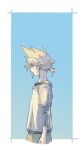  1boy artist_name black_shirt blonde_hair blue_background border child cloud_strife final_fantasy final_fantasy_vii grey_shorts low_ponytail male_focus michibata_65 ponytail profile shirt shirt_under_shirt short_hair shorts solo spiked_hair upper_body white_border white_shirt 
