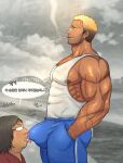  2boys adam&#039;s_apple bandaid bandaid_on_face bandaid_on_nose bara beard_stubble biceps blonde_hair blue_pants blurry blurry_background bracelet brown_eyes bulge cigarette coco342 covered_abs ear_piercing earrings eyebrow_cut facial_hair fat freckles glasses gradient_hair hand_in_pocket highres jewelry korean_text large_pectorals large_variant_set licking_bulge male_focus multicolored_hair multiple_boys muscular muscular_male mustache_stubble nipples original outdoors pants pectorals piercing saliva scar scar_on_arm scar_on_face short_hair sidepec smoking speech_bubble stubble tank_top time_stop tongue tongue_out track_pants translation_request variant_set veins white_tank_top yaoi 
