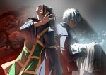  2boys apron back-to-back black_hair black_jacket black_robe blood blood_on_face cowboy_shot eladb_art getou_suguru gojou_satoru green_apron hair_bun hair_over_eyes half_updo highres jacket jujutsu_kaisen jujutsu_tech_uniform male_focus multiple_boys parted_lips plug_(piercing) robe white_hair 