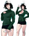  1girl alternate_costume black_hair blunt_bangs bob_cut bottle breasts cleavage collarbone dual_persona fubuki_(one-punch_man) green_eyes green_jacket gym_shorts highres jacket large_breasts lips long_sleeves looking_at_viewer miss_faves one-punch_man short_hair shorts simple_background thick_thighs thighs white_background 