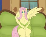  anthro big_breasts breasts cleavage clothed clothing dress equid equine female fluttershy_(mlp) friendship_is_magic furniture hair huge_breasts long_hair looking_at_viewer lurking_tyger mammal my_little_pony pink_hair pterippus sitting sofa solo wings yellow_body 