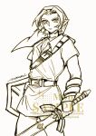  1boy artist_name belt belt_buckle buckle closed_mouth cowboy_shot earrings highres holding holding_shield holding_sword holding_weapon jewelry link looking_at_viewer male_focus mouyi parted_bangs phrygian_cap pointy_ears sample_watermark shield short_hair sketch solo sword the_legend_of_zelda the_legend_of_zelda:_ocarina_of_time tunic watermark weapon white_background 