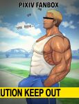  1boy adam&#039;s_apple bandaid bandaid_on_face bandaid_on_nose bara beard_stubble biceps blonde_hair blue_pants blurry blurry_background bracelet bulge censored censored_identity cigarette coco342 cover covered_abs ear_piercing earrings eyebrow_cut facial_hair gradient_hair hand_in_pocket highres jewelry korean_text large_pectorals large_variant_set male_focus multicolored_hair muscular muscular_male mustache_stubble nipples original outdoors pants pectorals piercing scar scar_on_arm scar_on_face short_hair sidepec smoking solo stubble tank_top track_pants translation_request variant_set veins white_tank_top 