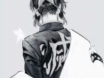  1girl bug butterfly clothes_writing demon_slayer_uniform from_behind greyscale hair_ornament haori highres japanese_clothes kimetsu_no_yaiba kochou_shinobu monochrome roru_(lol_dessin) single_off_shoulder solo 