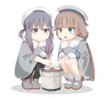  2girls :o bangs beret black_legwear blush brown_hair chopsticks cooking fur_trim gloves gradient_hair hair_ornament hairclip hat highres holding holding_chopsticks kantai_collection long_hair long_sleeves low_twintails mikura_(kantai_collection) mochi multicolored_hair multiple_girls open_mouth purple_hair sailor_hat sidelocks simple_background smile soba_(sobaya1938) socks squatting thighhighs tsushima_(kantai_collection) twintails white_background white_gloves white_headwear white_legwear 