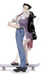  1boy 1girl :/ :d ace_attorney belt black_belt black_eyes black_hair black_shoes blue_pants bracelet collared_shirt hanten_(clothes) highres hug hug_from_behind jacket japanese_clothes jewelry kimono long_hair low-tied_long_hair maya_fey necktie obi omen_hohoho pants phoenix_wright pink_kimono purple_jacket red_necktie red_sash ring_hair_ornament sandals sash shirt shoes short_hair signature skateboard sleeves_rolled_up smile spiked_hair topknot translated white_background white_shirt zouri 