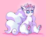  alolan_vulpix blush closed_mouth commentary creature english_commentary flufflixx full_body gen_7_pokemon hair_ribbon heart looking_at_viewer no_humans pink_background pink_ribbon pokemon pokemon_(creature) ribbon shadow signature simple_background sitting solo star 