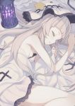  1girl bed breasts cleavage closed_eyes hat highres hololive lamp long_hair lying murasaki_shion on_side pale_skin sleeping small_breasts solo tam-u virtual_youtuber 
