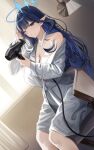  1girl alternate_costume bathrobe blue_archive blue_eyes blue_hair blue_halo breasts chair cleavage colored_inner_hair commentary curtains drying drying_hair drying_own_hair dutch_angle hair_dryer halo highres holding holding_hair_dryer huge_breasts long_hair multicolored_hair nicky_w one_eye_closed pointy_ears rin_(blue_archive) robe single_bare_shoulder sitting solo white_robe window 